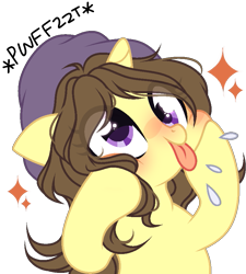 Size: 807x896 | Tagged: safe, artist:lazuli, oc, oc:astral flare, pony, unicorn, adorable face, beanie, blushing, cute, female, hat, mare, squishy cheeks, tongue out