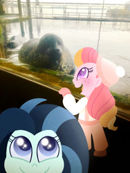 Size: 750x1000 | Tagged: safe, artist:carouselunique, oc, oc only, oc:dolly dusk, oc:honeycrisp blossom, seal, equestria girls, aquarium, colored pupils, duo, equestria girls in real life, freckles, hat, irl, offspring, parent:big macintosh, parent:chancellor neighsay, parent:princess cadance, parent:sonata dusk, parents:cadmac, parents:neighsaynota, photo, suspenders, wingding eyes