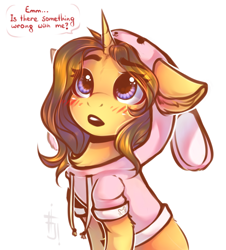 Size: 1086x1200 | Tagged: safe, artist:falafeljake, oc, oc only, oc:astral flare, pony, unicorn, adorable face, animal costume, beanie, blushing, bunny costume, clothes, context is for the weak, costume, cute, female, floppy ears, hat, hoodie, mare, simple background, solo, speech, sweet dreams fuel, text, white background, ych result