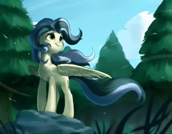 Size: 2600x2025 | Tagged: safe, artist:luciferamon, oc, oc only, pegasus, pony, female, forest, mare, outdoors, rock, solo, tree, wind, windswept mane, windswept tail