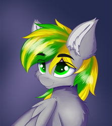 Size: 1067x1200 | Tagged: safe, artist:lunar froxy, oc, oc only, oc:silver blaze, pegasus, bust, cheek fluff, chest fluff, ear fluff, eye clipping through hair, looking up, male, portrait, simple background, stallion