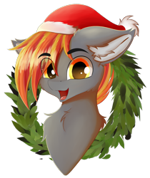 Size: 1008x1200 | Tagged: safe, artist:lunar froxy, oc, oc only, oc:drax, bust, christmas, eye clipping through hair, hat, holiday, looking at you, male, portrait, santa hat, simple background, smiling, solo, stallion, transparent background, wreath