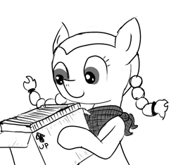 Size: 640x600 | Tagged: safe, artist:ficficponyfic, oc, oc:emerald jewel, earth pony, pony, bandana, box, child, colt, colt quest, cute, cyoa, files, foal, male, monochrome, pigtails, smiling, solo, story included