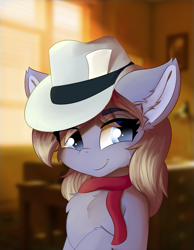 Size: 933x1200 | Tagged: safe, artist:lunar froxy, oc, oc only, oc:blue violet, pony, bust, chest fluff, clothes, detective, ear fluff, eye clipping through hair, female, hat, leg fluff, mare, portrait, scarf, smug, solo