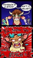 Size: 1200x2100 | Tagged: safe, artist:redahfuhrerking, arizona cow, oleander, paprika paca, pom lamb, tianhuo, velvet reindeer, alpaca, cow, deer, reindeer, them's fightin' herds, angry, bitch, comic, community related, face, faic, grin, rage, smiling, this will end in pain, vulgar, wrinkles