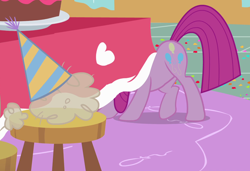 Size: 1170x801 | Tagged: safe, derpibooru import, screencap, madame leflour, pinkie pie, earth pony, pony, party of one, season 1, cake, chair, cropped, female, flour, food, hiding, mare, pinkamena diane pie, solo, table, under the table