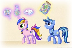 Size: 1024x683 | Tagged: safe, artist:champion-of-namira, oc, oc:jelly dream, oc:summer star, pony, unicorn, candy, food, jar, lollipop, magic