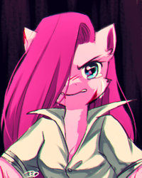 Size: 400x500 | Tagged: safe, artist:jacky-bunny, pinkie pie, anthro, anime, anime style, blood, breasts, cleavage, crying, hair over one eye, injured, pinkamena diane pie