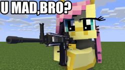 Size: 1280x720 | Tagged: safe, artist:creeperabel, fluttershy, pegasus, pony, 3d, assault rifle, gun, m16, meme, mine little pony, minecraft, rifle, solo, u mad, weapon