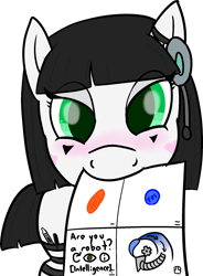 Size: 1558x2112 | Tagged: safe, alternate version, artist:poniidesu, oc, oc only, oc:silent clop, earth pony, pony, robot, blushing, counting, drugs, fallout, gears, headset, looking at you, pill, solo