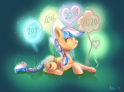 Size: 900x674 | Tagged: safe, artist:avui, oc, oc only, oc:ember, oc:ember (hwcon), earth pony, pony, abstract background, balloon, braid, braided tail, eyes closed, female, hearth's warming con, mare, smiling, solo