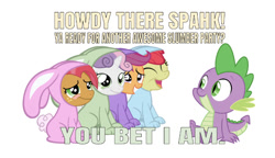 Size: 750x432 | Tagged: safe, artist:jolteongirl, editor:undeadponysoldier, apple bloom, babs seed, scootaloo, spike, sweetie belle, dragon, pony, adorabloom, animal costume, best friends, bunny costume, clothes, costume, cute, cutealoo, cutie mark crusaders, diasweetes, excited, hanging out, happy, simple background, slumber party, white background