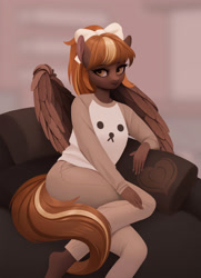 Size: 2008x2773 | Tagged: safe, artist:frieder1, oc, oc only, oc:barista, anthro, pegasus, anthro oc, bow, clothes, female, hair bow, looking at you, mare, reclining, solo