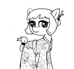 Size: 640x600 | Tagged: safe, artist:ficficponyfic, oc, oc:aji sushi, pony, clothes, colt quest, cyoa, female, hair bun, kimono (clothing), mare, monochrome, solo, spy, story included, tail wrap