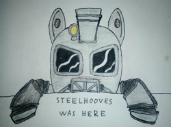 Size: 2448x1823 | Tagged: safe, artist:überreaktor, oc, earth pony, ghoul, pony, undead, fallout equestria, armor, canterlot ghoul, hooves, kilroy, kilroy was here, power armor, solo, text, traditional art