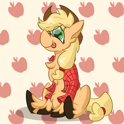 Size: 2000x2000 | Tagged: safe, artist:antimationyt, derpibooru import, applejack, earth pony, pony, chest fluff, clothes, cute, fluffy, one eye closed, simple background, sitting, tongue out, wink