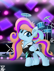 Size: 1780x2343 | Tagged: safe, artist:theretroart88, oc, oc only, oc:bittersweet, pegasus, pony, 80s, clothes, concert, cutie mark, drum kit, drums, female, mare, microphone, movie accurate, musical instrument, smiling, solo, stage, yamaha