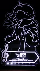 Size: 1152x2048 | Tagged: safe, artist:tridashie, oc, oc only, oc:tridashie, pegasus, pony, clef, custom, illuminated, irl, photo, plaque, solo, spread wings, standing, text, toy, treble clef, wings, youtube