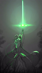 Size: 3000x5236 | Tagged: safe, artist:zidanemina, captain celaeno, anthro, my little pony: the movie, armpits, avian, black background, crossguard lightsaber, crossover, female, jedi, lens flare, lightsaber, simple background, sketch, solo, star wars, sword, weapon