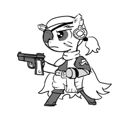 Size: 640x600 | Tagged: safe, artist:ficficponyfic, oc, oc:ruby rouge, pony, boots, clothes, colt quest, crossover, ear piercing, earring, eyepatch, gun, handgun, jewelry, metal gear, metal gear solid, metal gear solid 5, piercing, pistol, ponified, punished snake, scar, scarf, shoes, weapon