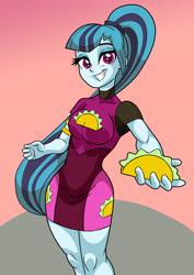 Size: 2480x3508 | Tagged: safe, artist:art-2u, sonata dusk, better together, equestria girls, find the magic, sunset's backstage pass!, clothes, commission, commissioner:someguy845, cute, dress, female, food, legs, looking at you, minidress, offering, ponytail, smiling, solo, sonatabetes, taco, taco dress, that girl sure loves tacos