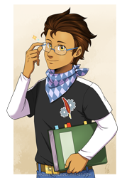 Size: 921x1341 | Tagged: safe, artist:hazurasinner, oc, oc:copper plume, equestria girls, belt, book, clothes, commission, commissioner:imperfectxiii, freckles, glasses, looking at you, male, neckerchief, pants, shirt, solo