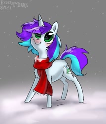 Size: 897x1049 | Tagged: safe, artist:enderselyatdark, oc, oc only, pony, unicorn, chibi, clothes, cute, scarf, snow, snowfall, unicorn oc