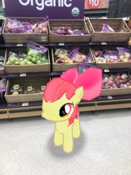 Size: 3024x4032 | Tagged: safe, photographer:undeadponysoldier, apple bloom, earth pony, pony, apple, bow, female, filly, food, fruit, grocery store, in character, irl, photo, ponies in real life, solo, walmart