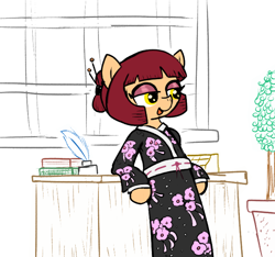 Size: 640x600 | Tagged: editor needed, safe, artist:ficficponyfic, color edit, edit, oc, oc:aji sushi, pony, clothes, color, colored, colt quest, cyoa, female, hair bun, kimono (clothing), mare, monochrome, solo, spy, story included, tail wrap