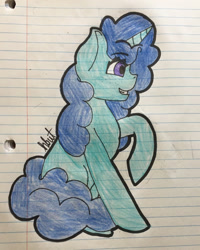 Size: 471x588 | Tagged: safe, artist:alilunaa, oc, pony, unicorn, curls, female, full body, lined paper, mare, smiling, solo, traditional art