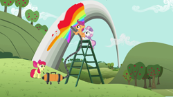 Size: 1920x1080 | Tagged: safe, screencap, apple bloom, scootaloo, sweetie belle, earth pony, pegasus, pony, unicorn, hearts and hooves day (episode), apple tree, cutie mark crusaders, female, filly, ladder, rainbow, tree, vacuum cleaner