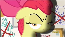 Size: 1280x720 | Tagged: safe, screencap, apple bloom, earth pony, pony, on your marks, angry, apple bloom is not amused, bow, crossed out, discovery family logo, female, filly, lidded eyes, looking at you, solo, unamused