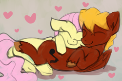 Size: 1288x848 | Tagged: safe, artist:marsminer, fluttershy, oc, oc:soul harmony, pegasus, pony, canon x oc, cuddling, eyes closed, female, heart, male, smiling, soulshy, straight