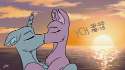 Size: 1920x1080 | Tagged: safe, artist:chebypattern, oc, pony, auction, beach, calm, commission, kissing, ocean, sun, sunset, your character here