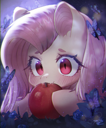Size: 1953x2363 | Tagged: safe, artist:choyamy, fluttershy, bat pony, butterfly, apple, bat ponified, blushing, bust, cute, eating, flutterbat, food, herbivore, nuclear cuteness, portrait, race swap, red eyes, shyabates, shyabetes, solo, species swap
