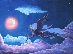 Size: 1400x1037 | Tagged: safe, artist:baron engel, nightmare moon, alicorn, pony, cloud, colored, female, flying, full moon, hoof shoes, mare, moon, night, profile, sky, solo, spread wings, story included, wings
