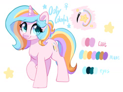 Size: 1600x1200 | Tagged: safe, artist:colorfulcolor233, oc, oc only, oc:oofy colorful, pony, unicorn, chest fluff, eye clipping through hair, female, looking at you, mare, raised hoof, reference sheet, simple background, smiling, solo, white background