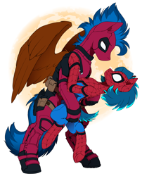 Size: 2640x3263 | Tagged: safe, artist:arctic-fox, oc, oc only, oc:ash wing, oc:nimble wing, earth pony, pegasus, pony, clothes, cosplay, costume, deadpool, eye contact, female, holding, looking at each other, male, mare, moon, shipping, simple background, size difference, spider-man, spread wings, stallion, wings