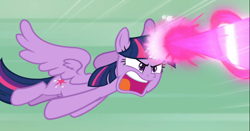 Size: 1668x874 | Tagged: safe, screencap, twilight sparkle, twilight sparkle (alicorn), alicorn, the ending of the end, blast, cropped, flying, magic, magic blast, open mouth, solo, spread wings, wings