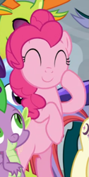 Size: 305x607 | Tagged: safe, screencap, pinkie pie, spike, thorax, changedling, changeling, dragon, earth pony, pony, the ending of the end, bipedal, cropped, cute, diapinkes, eyes closed, king thorax, offscreen character, smiling, solo focus, winged spike