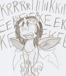 Size: 689x789 | Tagged: safe, artist:ravenpuff, oc, oc only, oc:puffy, changeling, bugs doing bug things, changeling oc, derp, eeee, fangs, female, freckles, goggles, grayscale, monochrome, open mouth, screaming, solo, traditional art