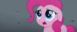 Size: 1920x804 | Tagged: safe, screencap, pinkie pie, earth pony, pony, my little pony: the movie, about to cry, basalt beach, big eyes, cute, dark background, female, floppy ears, frown, heartbreak, looking up, mare, not cool, offended, ouch, poor pinkie pie, reality, sad, shocked, solo, speechless, surprised, wet mane