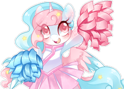 Size: 1198x867 | Tagged: safe, artist:loyaldis, oc, oc:comet lovejoy, alicorn, pony, alicorn oc, blushing, cheerleader, cheerleader outfit, clothes, dress, ethereal mane, eye clipping through hair, female, pom pom, simple background, starry mane, stars, transparent background, two toned mane, two toned wings, wings, ych result