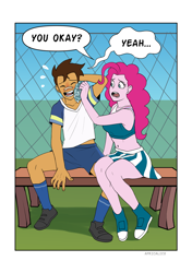 Size: 3541x5016 | Tagged: safe, artist:feellikeaplat, pinkie pie, oc, oc:copper plume, comic:the copperpie chronicles, equestria girls, arm behind head, bandaid, bench, blushing, bra, bruised, canon x oc, cheerleader outfit, cheerleader pinkie, clothes, comic, commission, commissioner:imperfectxiii, copperpie, female, glasses, ice pack, male, midriff, miniskirt, pleated skirt, shipping, shirt, shorts, sitting, skirt, socks, speech bubble, sports bra, straight