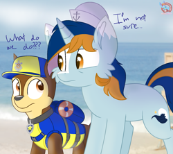 Size: 1599x1423 | Tagged: safe, artist:rainbow eevee, oc, oc:ocean wave, dog, pony, unicorn, brown eyes, chase, chase (paw patrol), clothes, cute, dialogue, edgy, german shepherd, hat, male, ocean, orange eyes, paw patrol, sea patrol (paw patrol), text