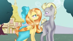 Size: 1280x724 | Tagged: safe, artist:irennecalder, oc, oc only, pegasus, pony, blushing, bow, clothes, deviantart watermark, eye contact, female, hair bow, looking at each other, male, mare, obtrusive watermark, skirt, stallion, watermark