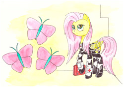 Size: 1280x906 | Tagged: safe, artist:zocidem, fluttershy, cyborg, pegasus, pony, augmented, crossover, deus ex, drawing, solo, technology, traditional art