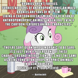 Size: 1000x1000 | Tagged: safe, artist:crystalightrocket, sweetie belle, pony, unicorn, blank stare, bronies are not diet furries, caption, coffee, cup, exploitable meme, female, filly, horn, image macro, leaning, mare, meme, notepad, obligatory pony, older, older sweetie belle, op is not trying to start shit, quote, solo, sudden clarity older sweetie belle, sudden clarity sweetie belle, text, two toned mane, white coat, wide eyes