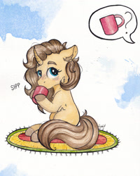 Size: 2806x3508 | Tagged: safe, artist:lightisanasshole, oc, oc only, pony, unicorn, abstract background, blue eyes, brown mane, carpet, chest fluff, colored hooves, cup, curly hair, curly mane, drink, drinking, ear fluff, female, holding, leg fluff, looking back, mug, question, raised eyebrow, solo, text bubbles, thick eyebrows, traditional art, yellow coat
