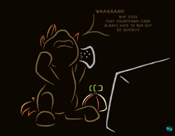 Size: 643x500 | Tagged: safe, artist:quint-t-w, button mash, earth pony, pony, beanie, controller, dialogue, gradient background, old art, screaming, screen, solo